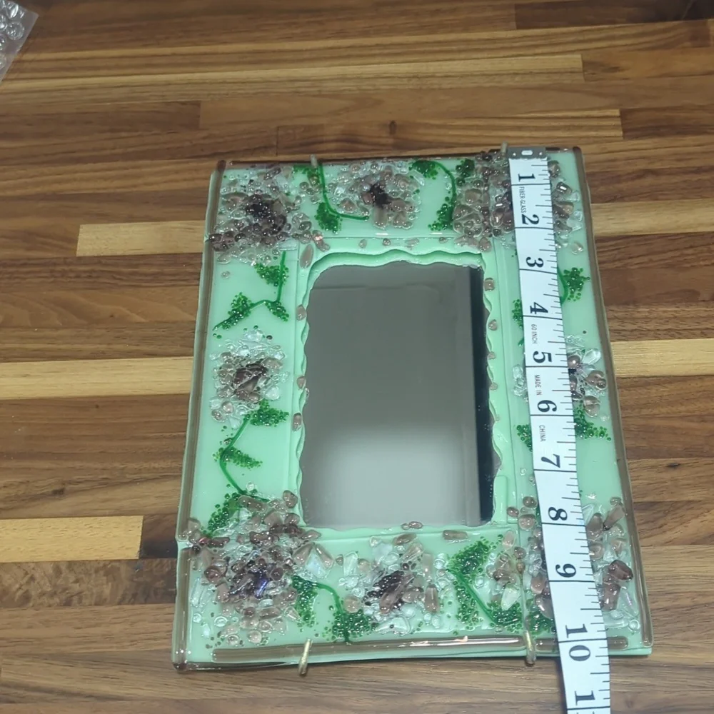 Artist made 8x10 fused glass mirror with hanger flowers green